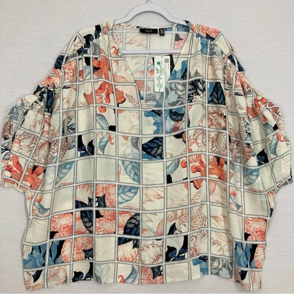 New Rafaella‎ Plaid Floral Multi Color V Neck Relaxed Fit Pullover Top 2X